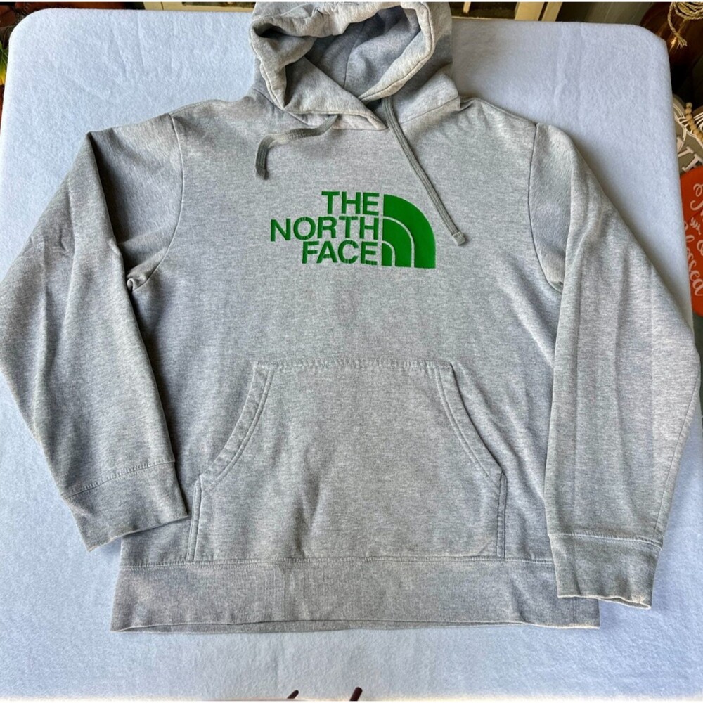 The North Face Hoodie Mens M Gray Green Logo Pullover Sweatshirt